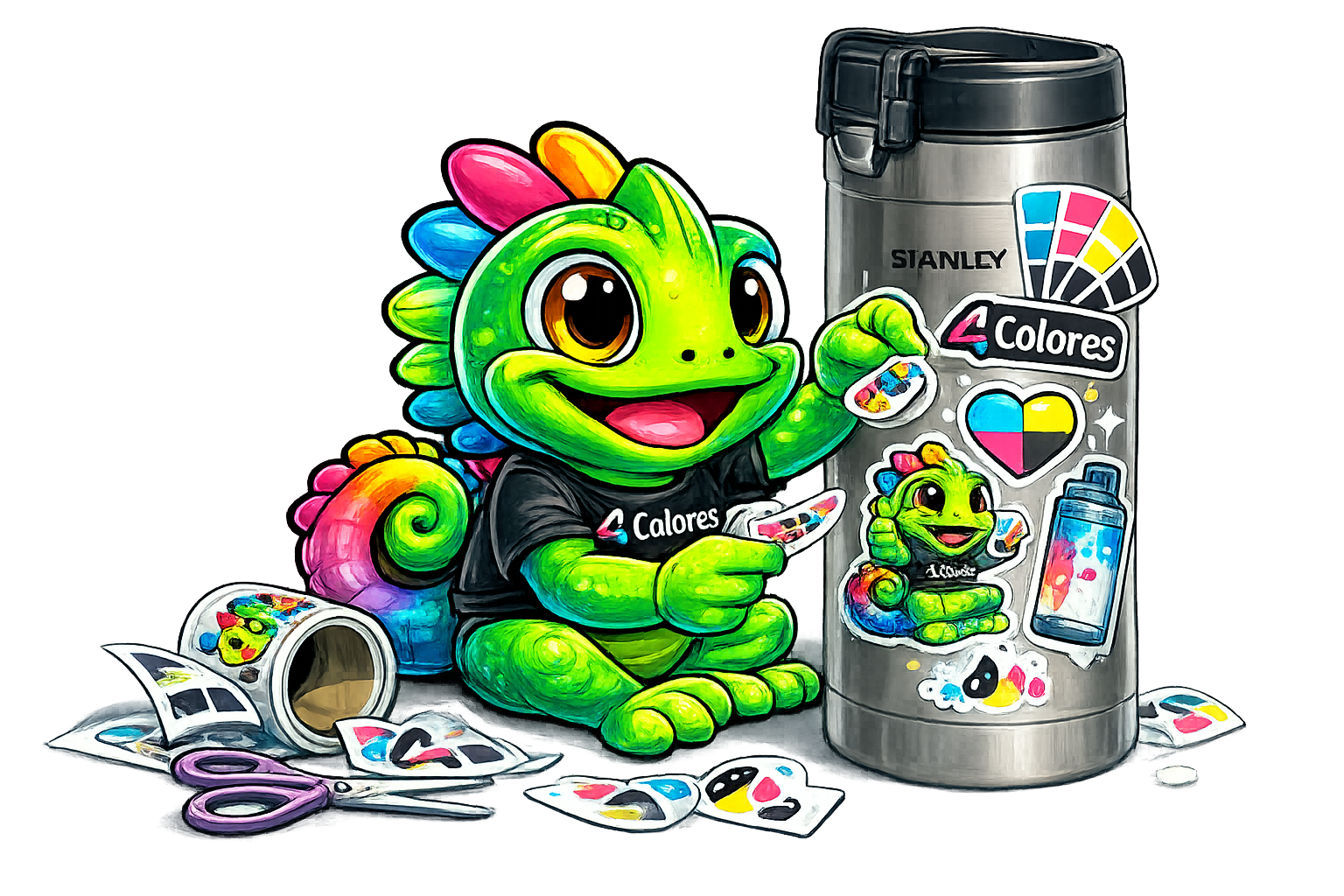 Mascota 4Colores – pegando stickers Mascota 4Colores - pegando stickers
